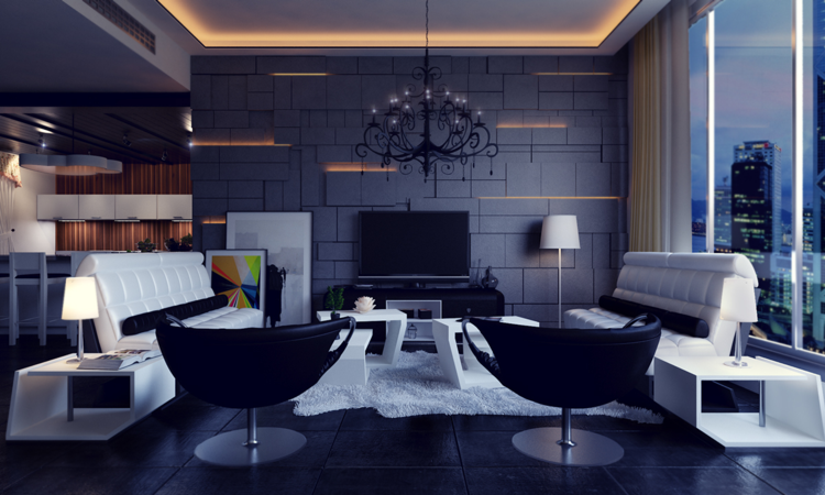stue moderne violet lysekrone lænestol hvid sofa tv