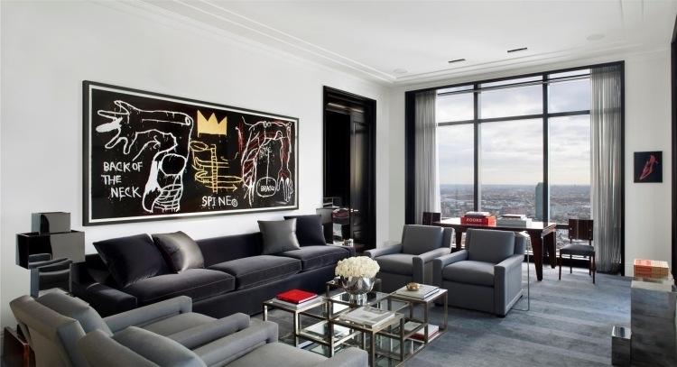 Vægdesign i sort og hvid-stue-loft-lejlighed-billede sofa-grå