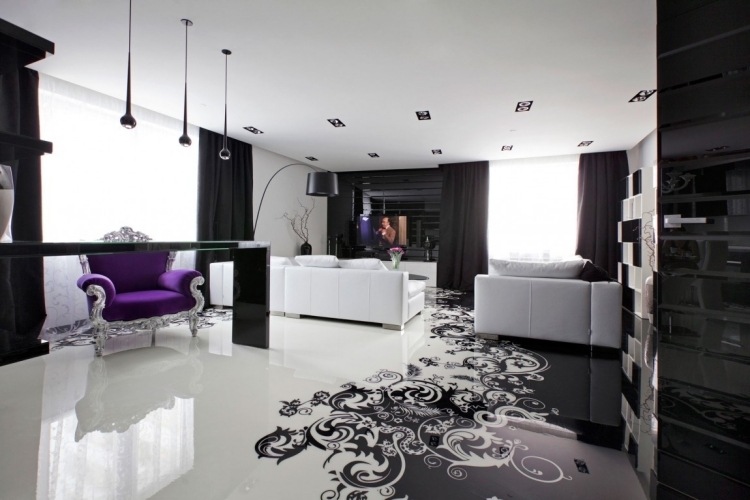 Vægdesign i sort og hvidt-stue-højglans-ekstravagante gulv-mønster-sofaer