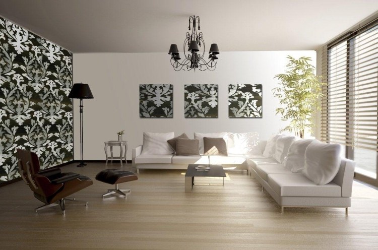 vægdesign-sort-hvid-stue-barok-mønster-tapet-sofa-lænestol-lys