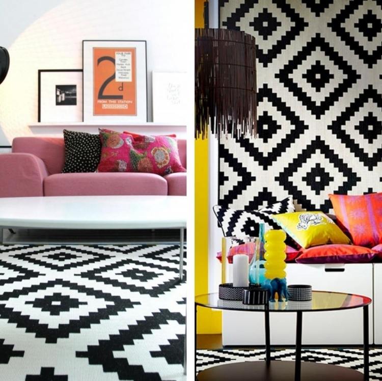 væg-design-sort-hvid-mønster-zigzag-diamant-sofa-pink-puder