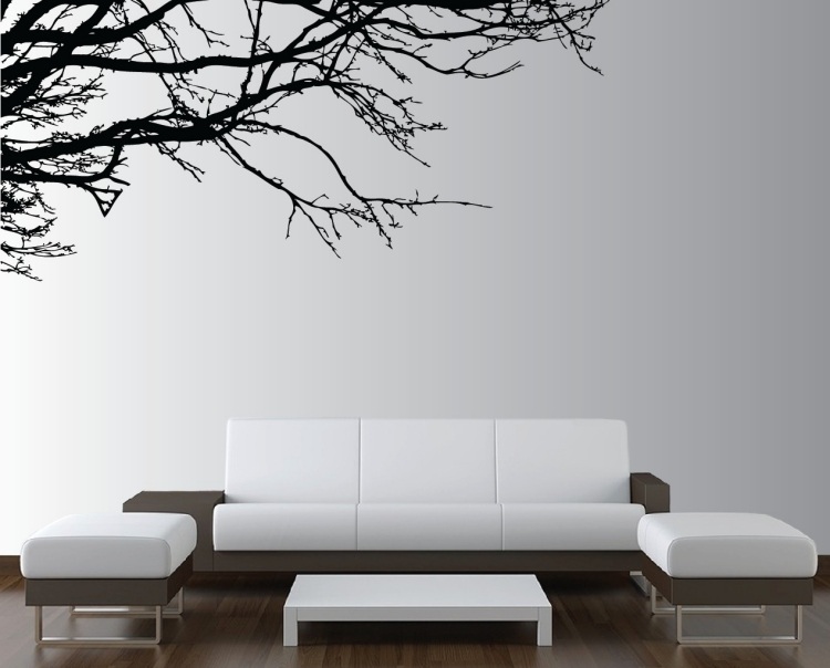 vægdesign-sort-hvid-stue-realistisk-træ-kvist-sofa-moderne