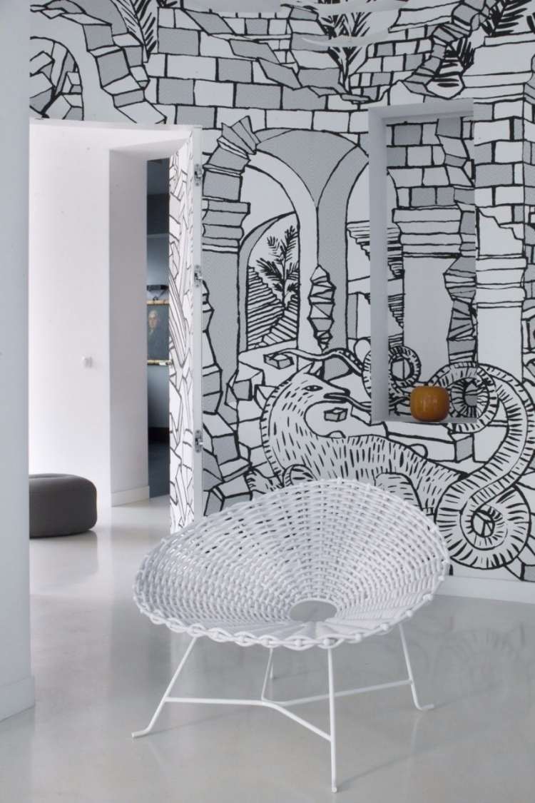 vægdesign-sort-hvid-lænestol-flettet arbejde-vægdekoration-tegning-vægmaleri-moderne