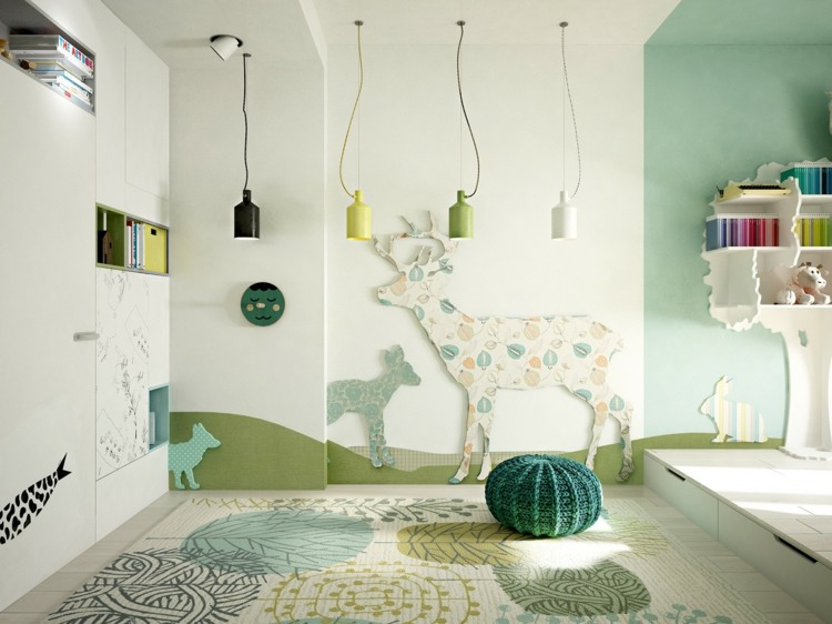 grøn farve nuance moderne børneværelse indretning vedhæng lys design hylde