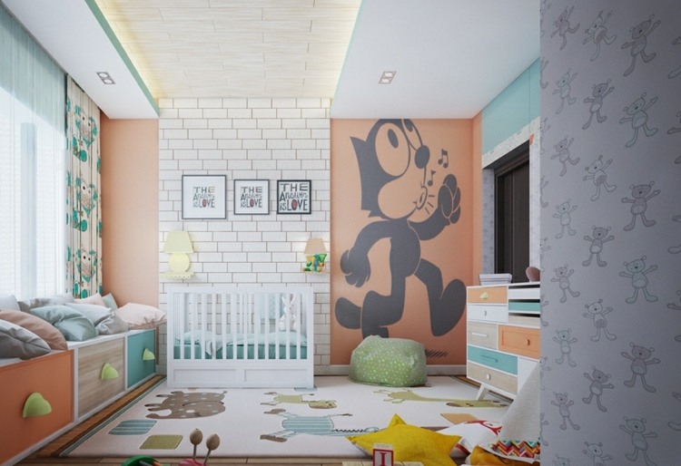 design baby værelse farverige tæppe figurer pastel farver væg dekoration bænk