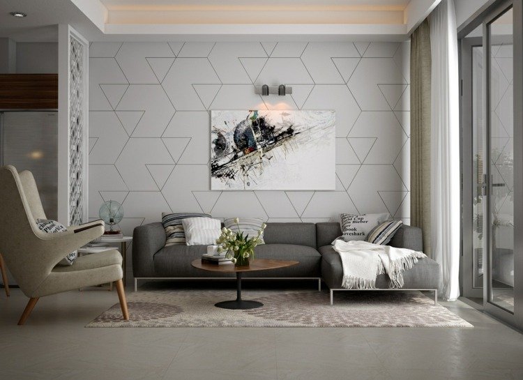 Indretning af stuen moderne-grå-accent væg-væg paneler-møblering-ideer
