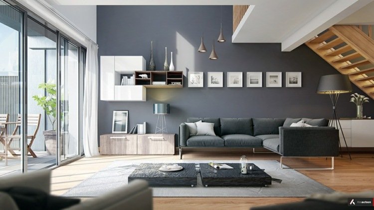 Indretning af stuen moderne-accent væg-mørkegrå-minimalistisk-design