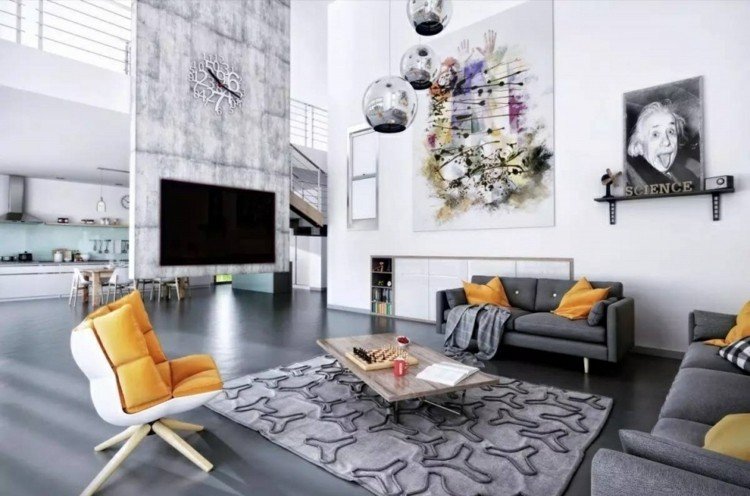 Indretning af stuen moderne-grå-møbler-laminat-gule-accenter