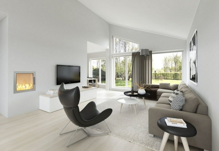 Indret stue moderne-inspiration-hus-skråt tag-læder-lænestol-grå-sofa