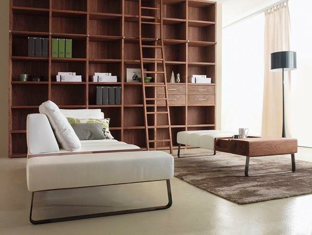 designideer sofabord siddepladser i hyldesystem i højt træ