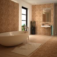 A fürdőszoba padlójának és falainak díszítése világosbarna mozaikkal