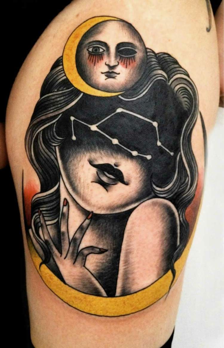 sort-grå-gul-kvinde-måne-neo-traditionel-tatovering
