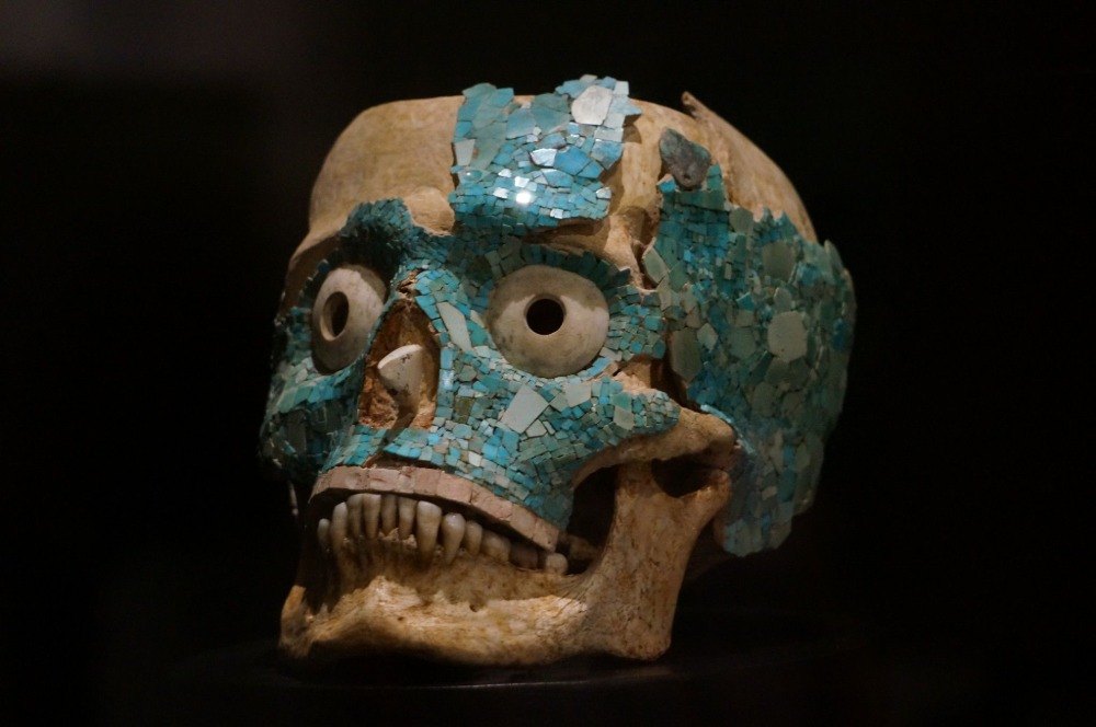 til udstillingen på oaxaca kulturmuseum et kranium med elementer i farven på en turkis