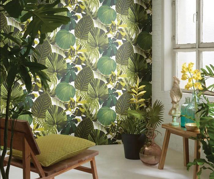 Fototapeter med växter på väggen i vardagsrummet