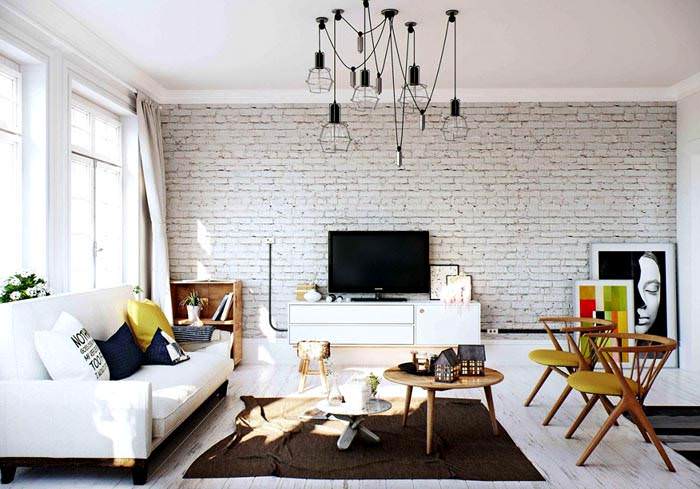 Snehovo biely interiér obývačky v škandinávskom štýle