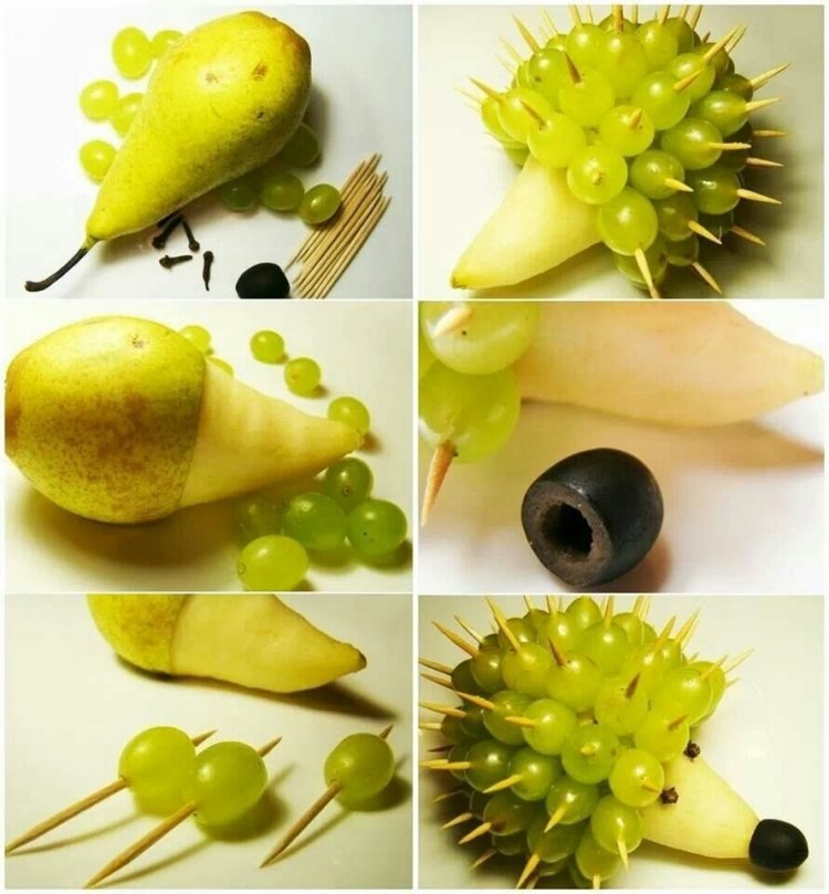 udskæring af frugt -begynder-instruktioner-pindsvin-pære-druer