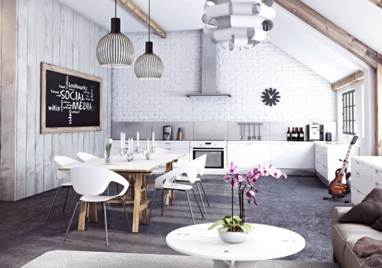 Åbent køkken med stue -hvid mursten-hvid-malet-gulv-grå-lys-moderne-træbjælker