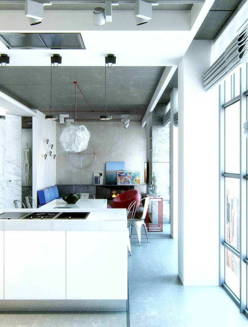 Åbent køkken med stue-hvid-moderne-farve accenter-vindue væg møbler-lys