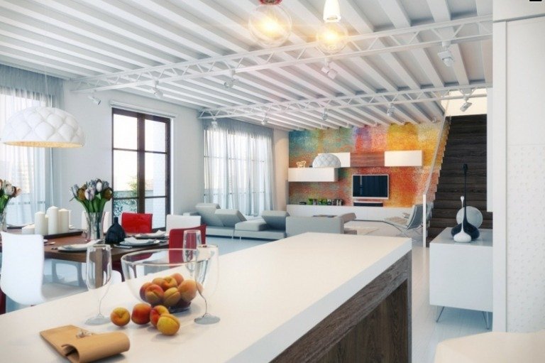 Åbent køkken med stue-væg design-farverig-farvet-counter-hvid-træ-moderne
