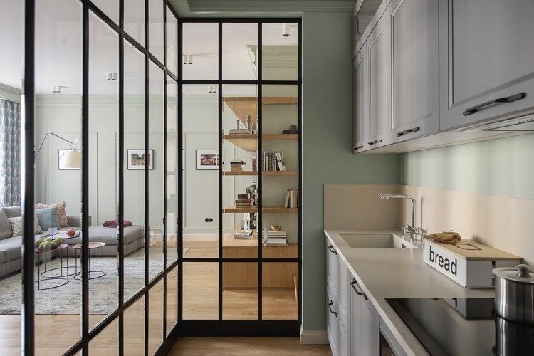 Separat åbent køkken-opholdsområde-skillevæg-sort stål-glas-transparent-bevaring