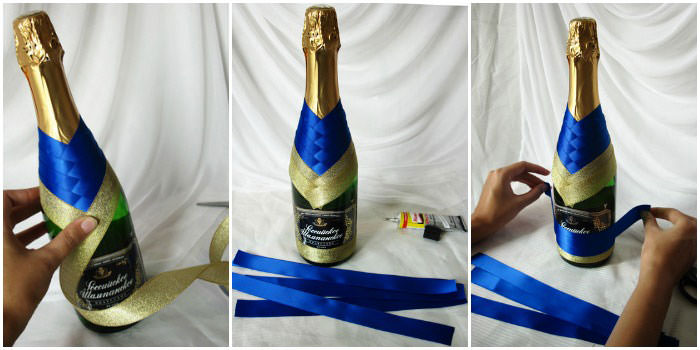 Dekorera en flaska champagne med band med egna händer