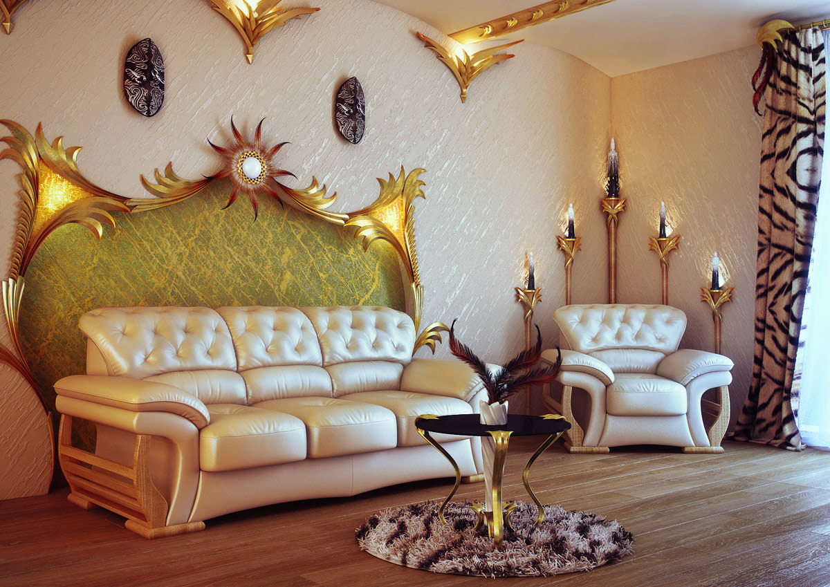 Gyldne dekorartikler i stua i jugendstil