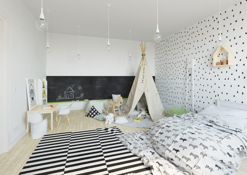 Интериор на детска стая в селска къща в скандинавски стил