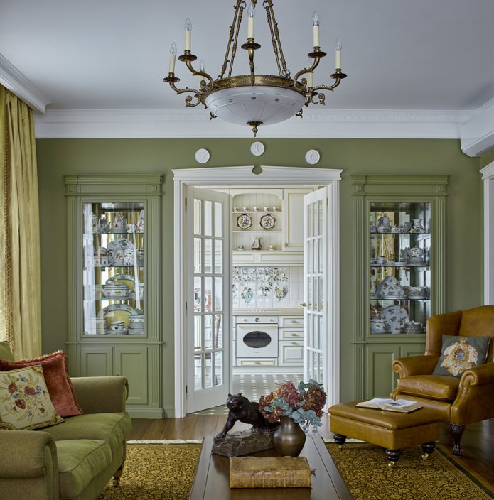 Olivfärg i vardagsrumsdesign i klassisk stil