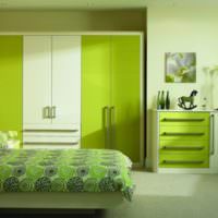 Olivfärg i interiören i ett modernt sovrum
