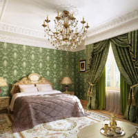 Olivfärg i designen av ett klassiskt sovrum