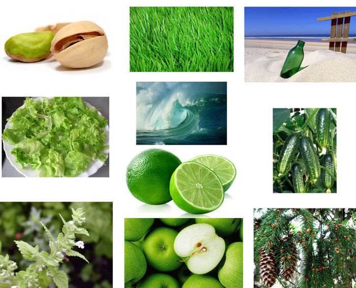 Eksempler på forskjellige nyanser av grønt