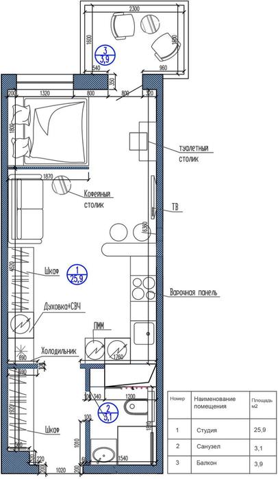 Schéma studiového bytu obdélníkové konfigurace