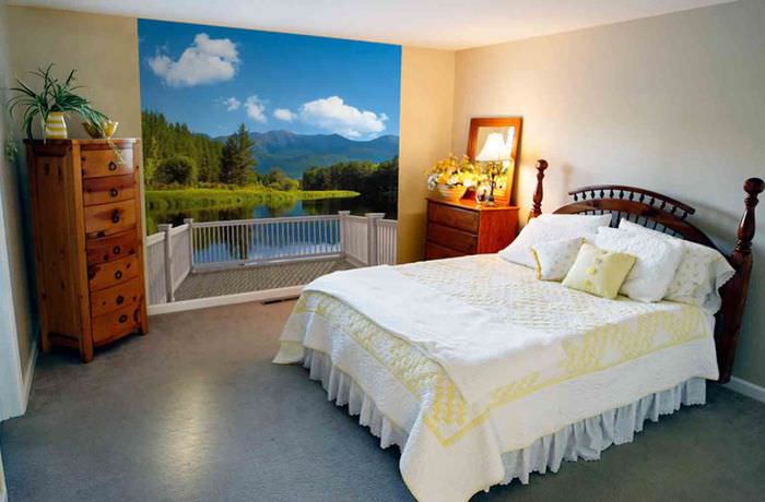 Fototapet med et vegetativt landskab i soveværelsets design
