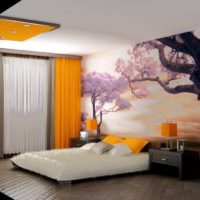 Panoramatické tapety v spálni s oranžovými závesmi