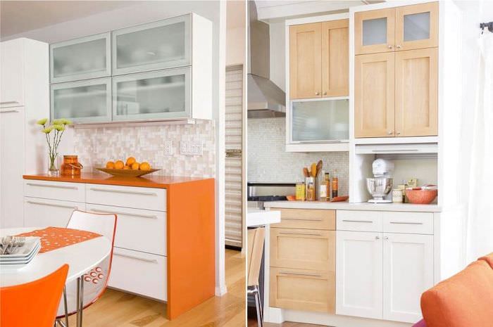 Kjøkkendesign med oransje benkeplate og levende tilbehør