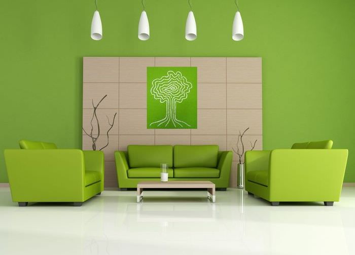Minimalistisk grön vardagsrumsdesign