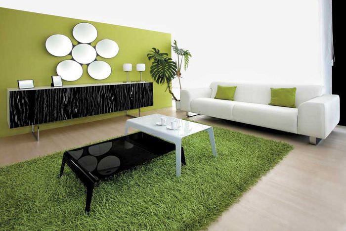 Grön matta i det inre av vardagsrummet i stil med minimalism