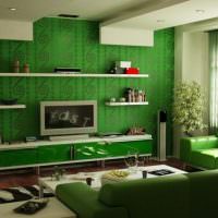 Grön tapet i vardagsrum i modern stil
