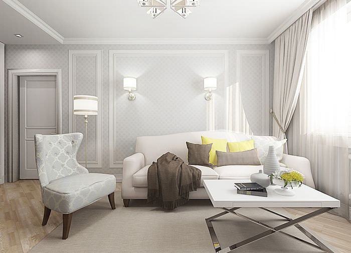Design obývacího pokoje ve světlých pastelových odstínech