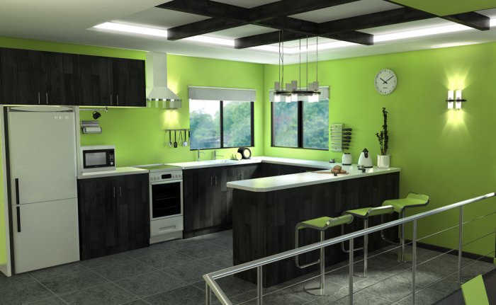 المطبخ البني والأخضر.