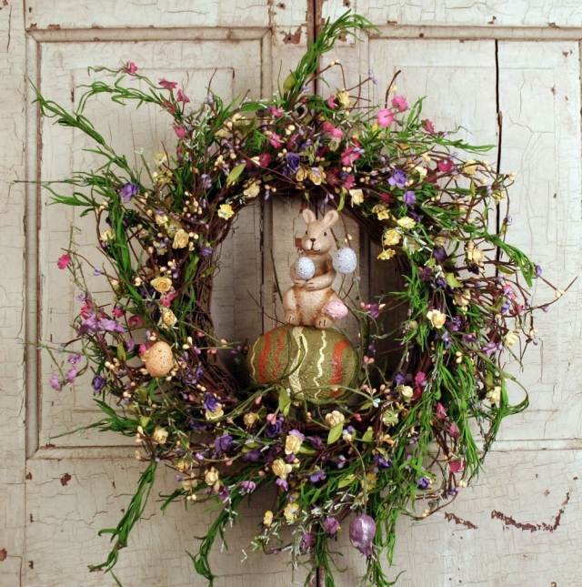 rustik dekoration ideer påske krans pil blomster kanin