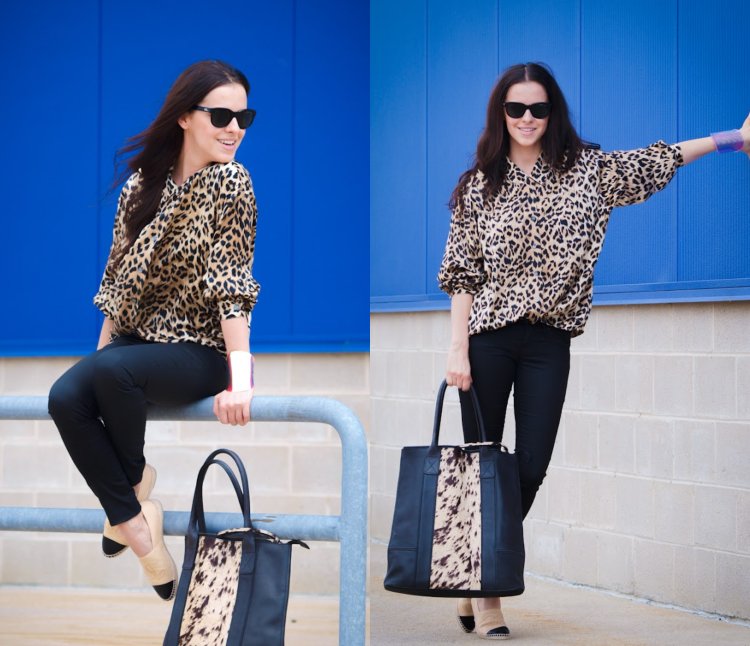 Bluse i leopardprint Skinny Jeans Espadrilles Håndtøj