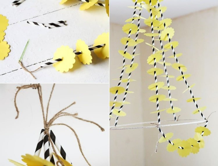Lav gul mobilé med papirblomster - den polske pyjaki lavede du selv