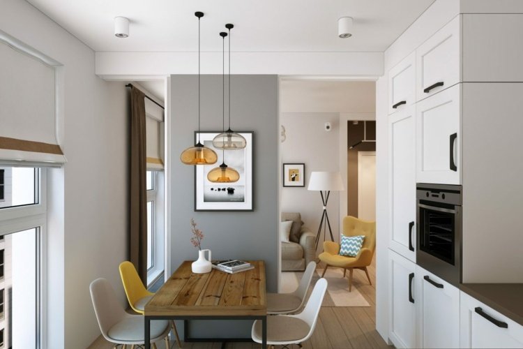 patchwork fliser grå-accent væg-spiseplads-spisebord-træ-vedhæng lamper