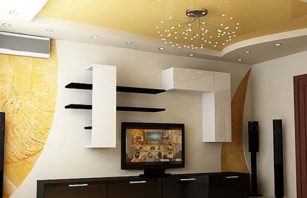 Stretch -takdesign för ett ljust vardagsrum med en ovanlig lampa