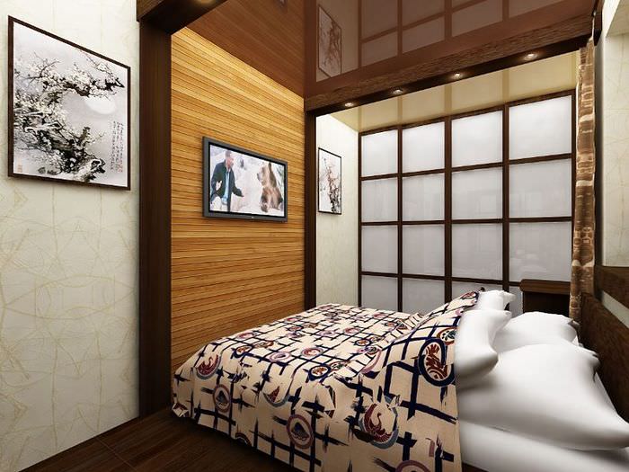 Εσωτερικό ενός στενού υπνοδωματίου σε ιαπωνικό στιλ