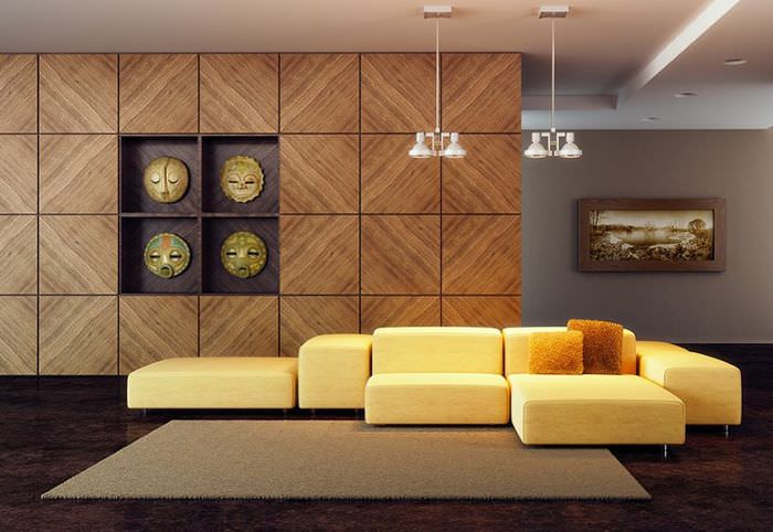 زخرفة الجدار في غرفة المعيشة الحديثة مع الألواح الخشبية