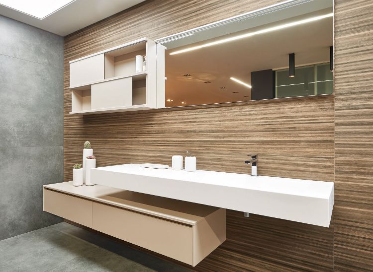 kvarts bordplade badeværelse kvarts komposit badeværelse møbler materiale træ optik farve minimalistisk