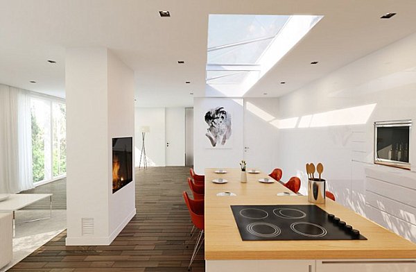Moderne køkkenø pejs Røde køkkenstole design glas tag