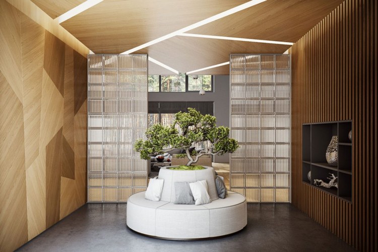 Rumdelere lavet af glasblokke -beton gulv-vægbeklædning-træ-paneler-bonsai